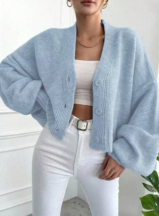 Oversized Cropped V-Neck Cardigan with Balloon Sleeves - Blue