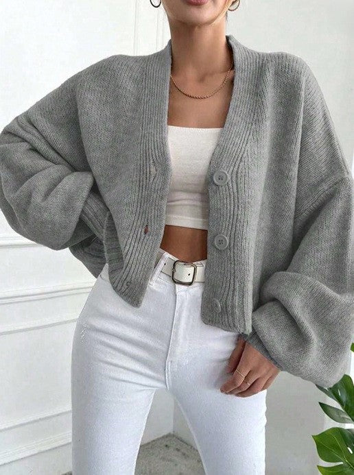 Oversized Cropped V-Neck Cardigan with Balloon Sleeves - DarkGrey