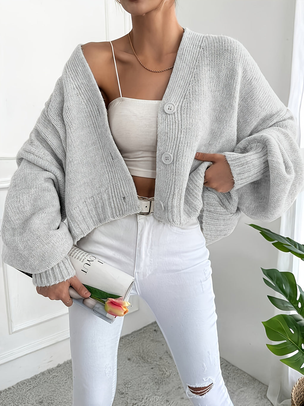 Oversized Cropped V-Neck Cardigan with Balloon Sleeves - Grey