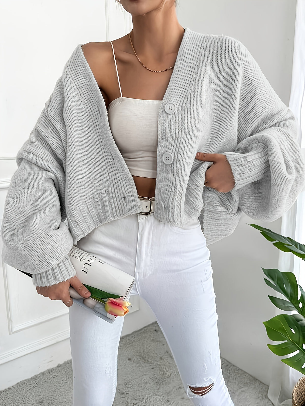 Oversized Cropped V-Neck Cardigan with Balloon Sleeves - Grey