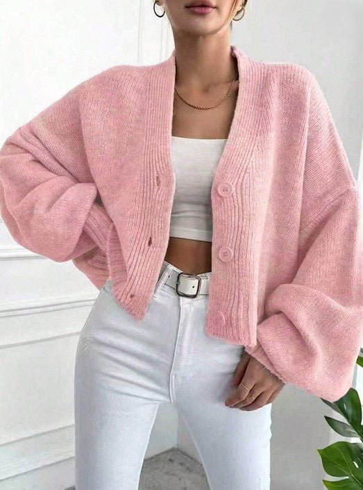 Oversized Cropped V-Neck Cardigan with Balloon Sleeves - Pink