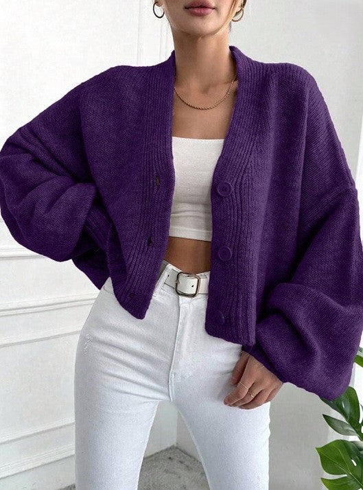 Oversized Cropped V-Neck Cardigan with Balloon Sleeves - Purple