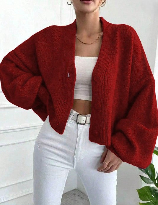 Oversized Cropped V-Neck Cardigan with Balloon Sleeves - Red