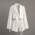 Heart Print Long Sleeve Pajama Short Set - White