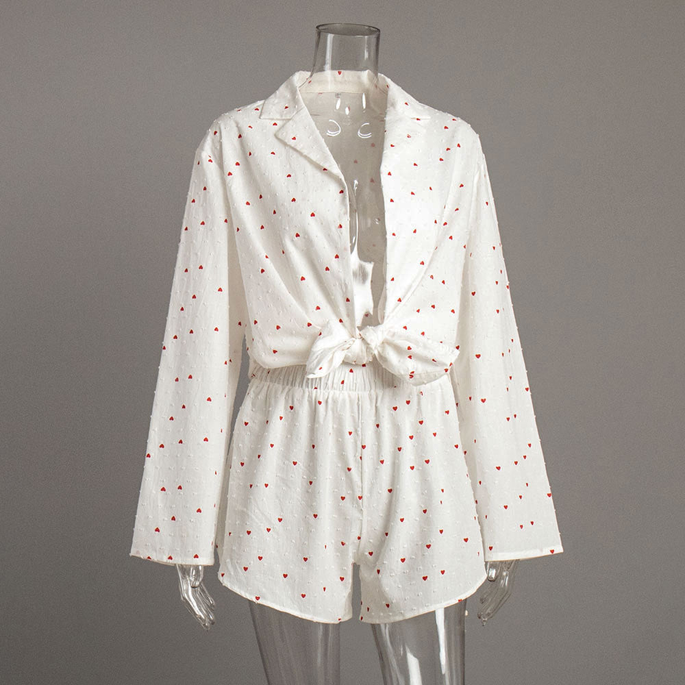 Heart Print Long Sleeve Pajama Short Set - White