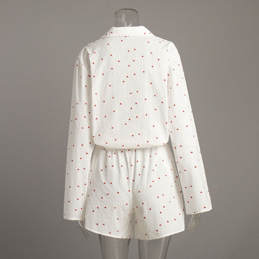 Heart Print Long Sleeve Pajama Short Set - White - 1