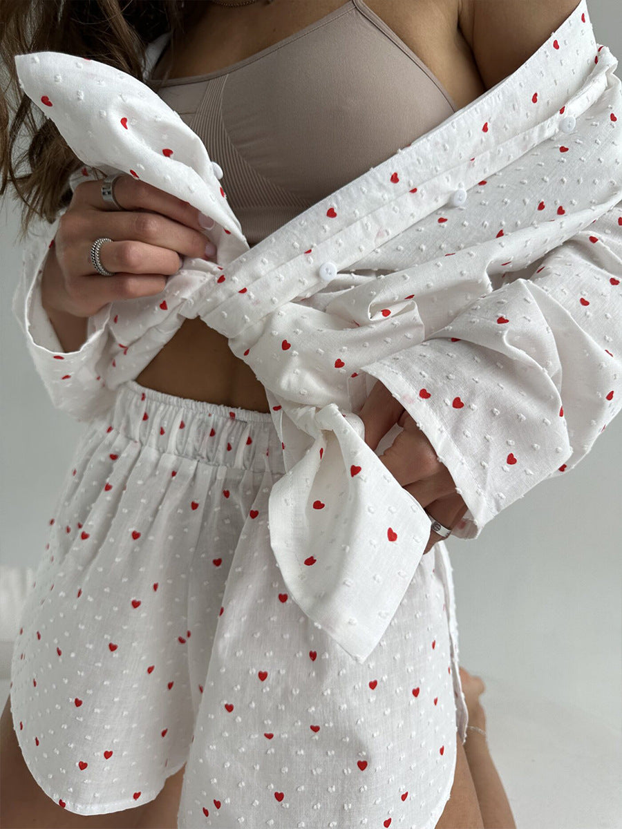 Heart Print Long Sleeve Pajama Short Set - White - 10