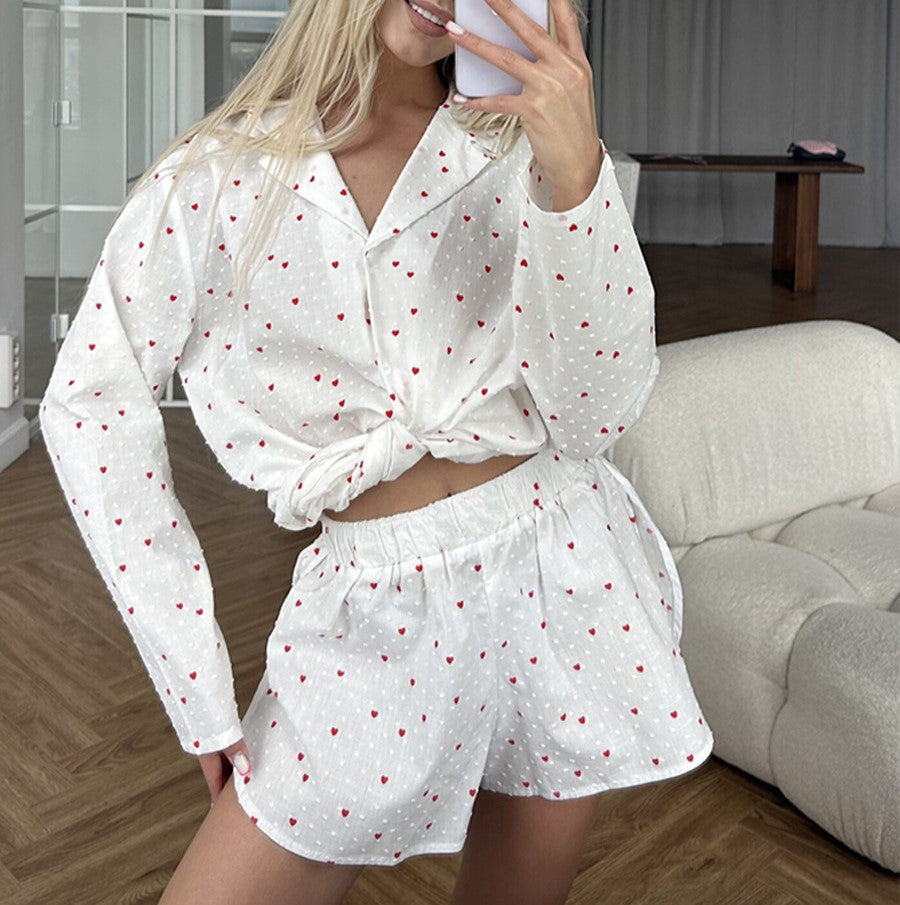 Heart Print Long Sleeve Pajama Short Set - White - 11