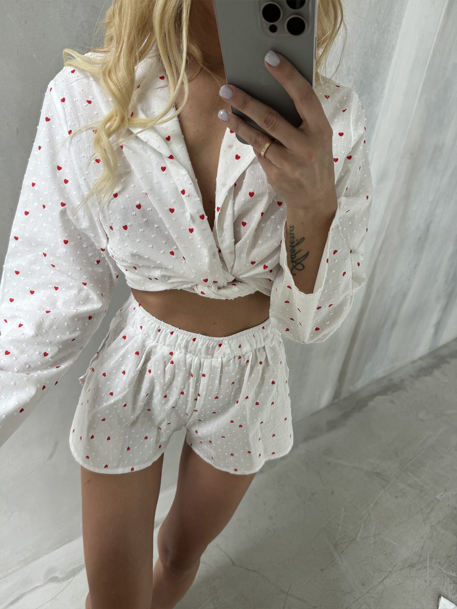 Heart Print Long Sleeve Pajama Short Set - White - 12