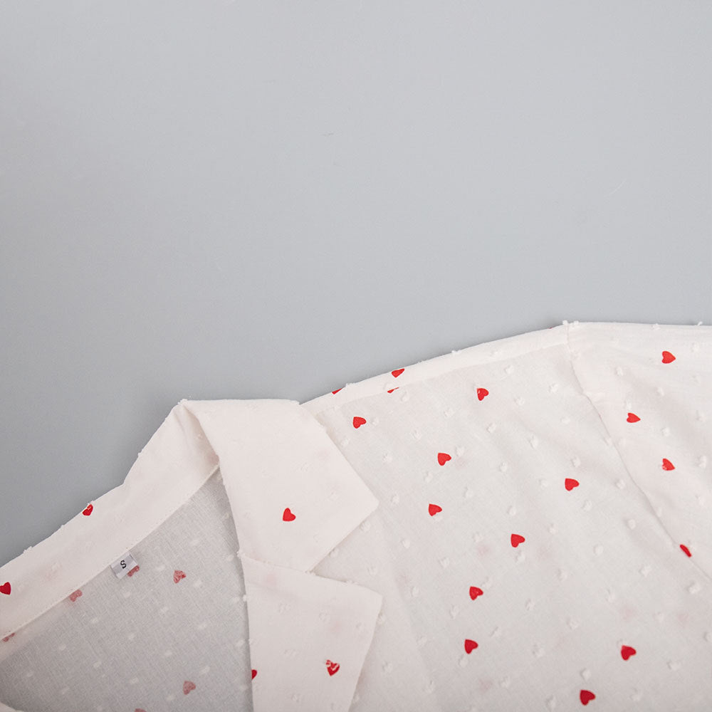 Heart Print Long Sleeve Pajama Short Set - White - 13