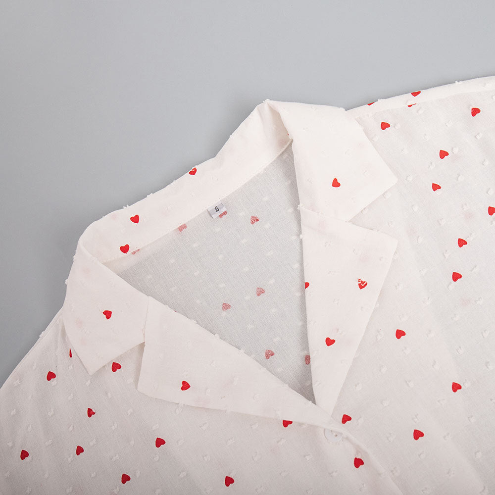 Heart Print Long Sleeve Pajama Short Set - White - 2