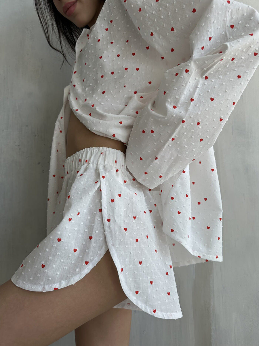 Heart Print Long Sleeve Pajama Short Set - White - 9