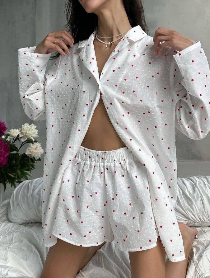 Heart Print Long Sleeve Pajama Short Set