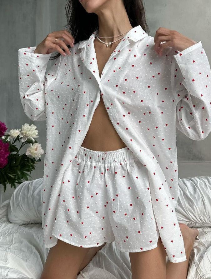 Heart Print Long Sleeve Pajama Short Set - view 1