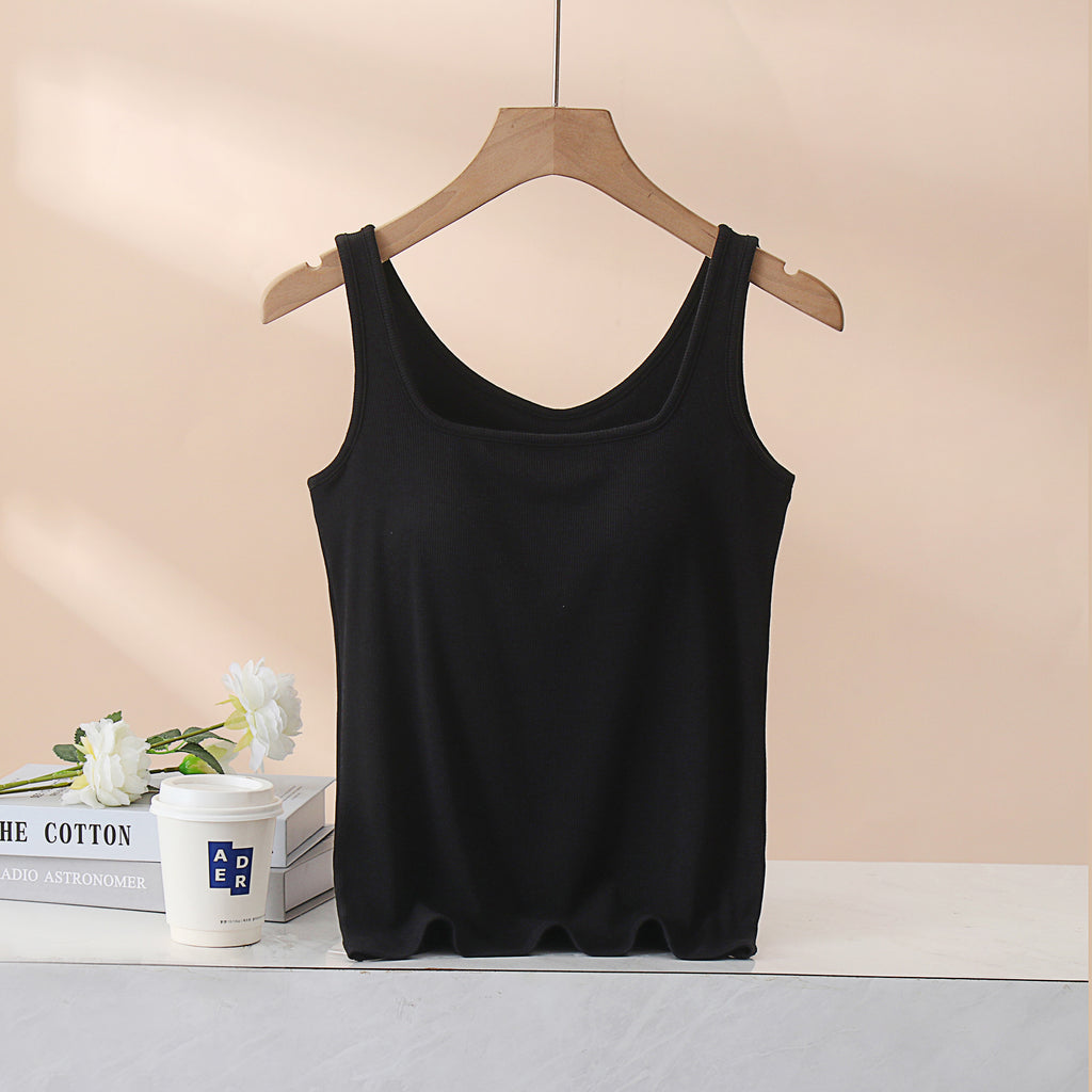Square Neck Ribbed Tank With Built In Bra - Black