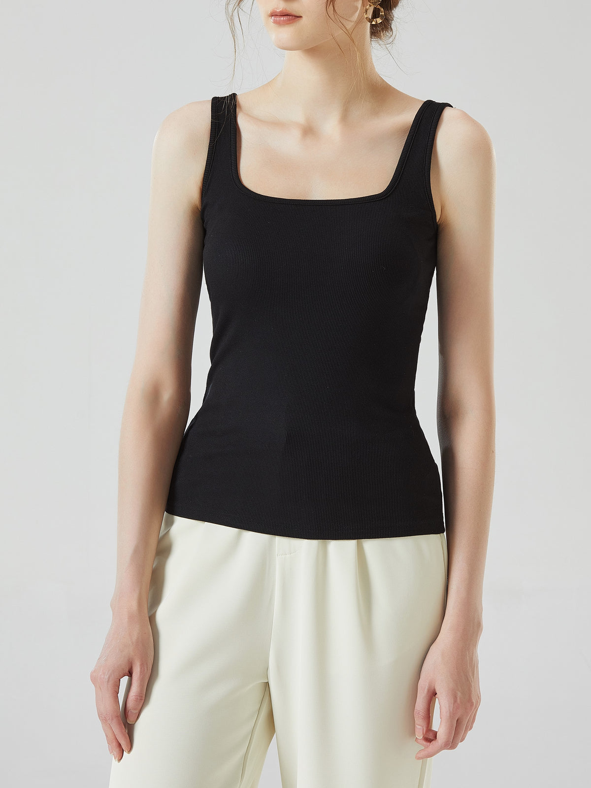Square Neck Ribbed Tank With Built In Bra - Black - 1