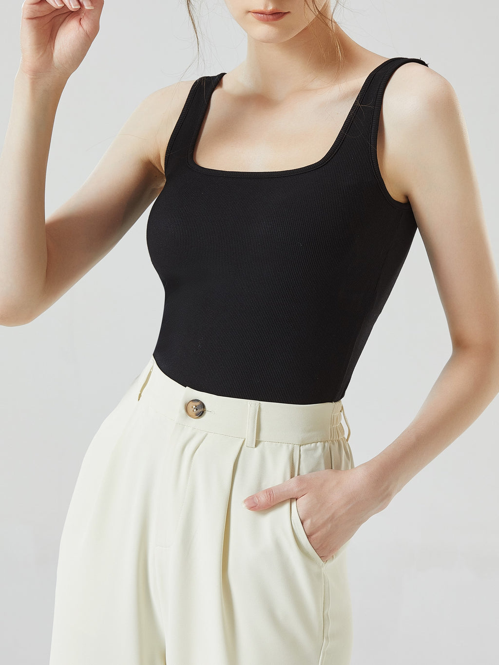 Square Neck Ribbed Tank With Built In Bra - Black - 4