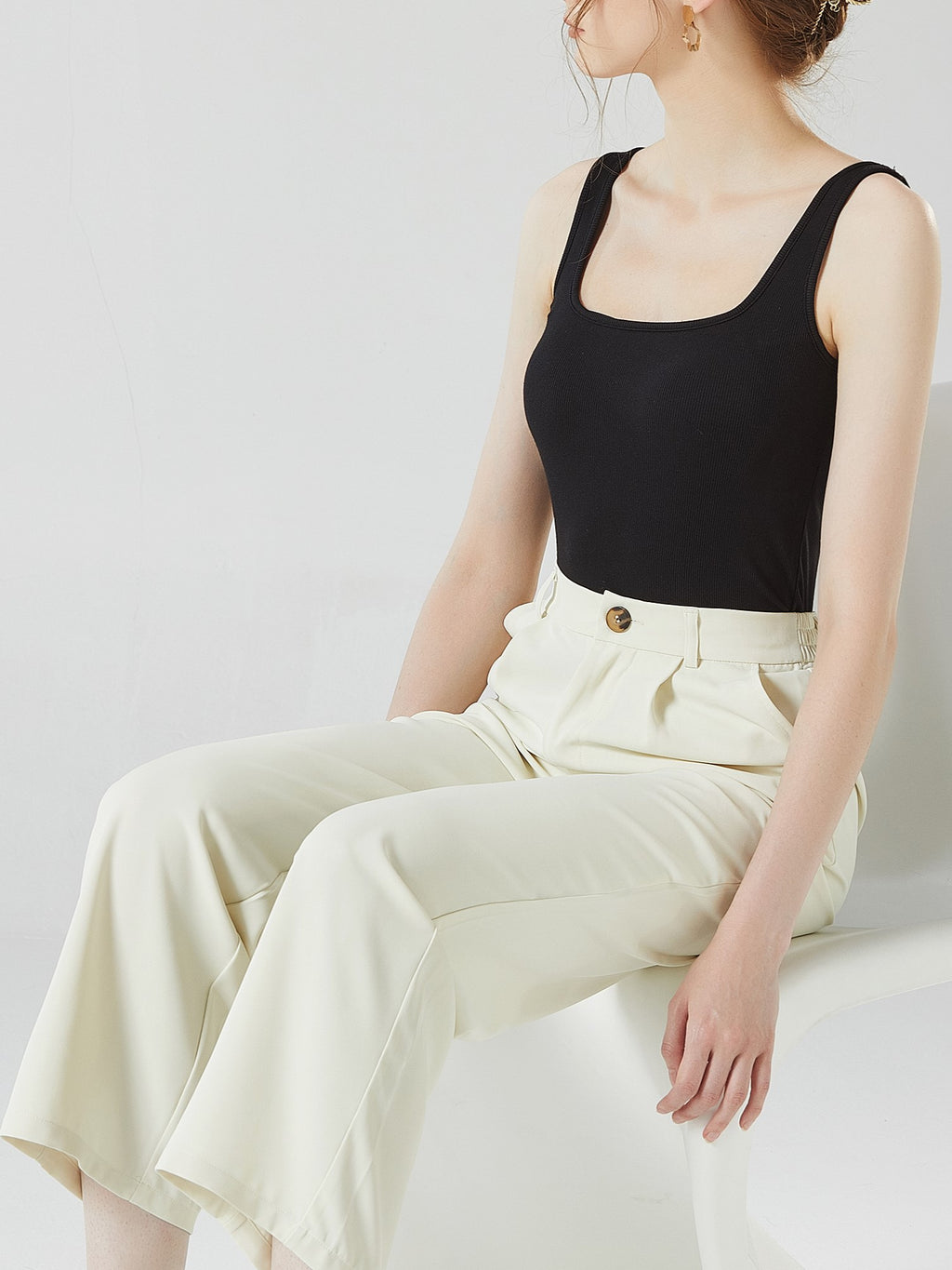 Square Neck Ribbed Tank With Built In Bra - Black - 5