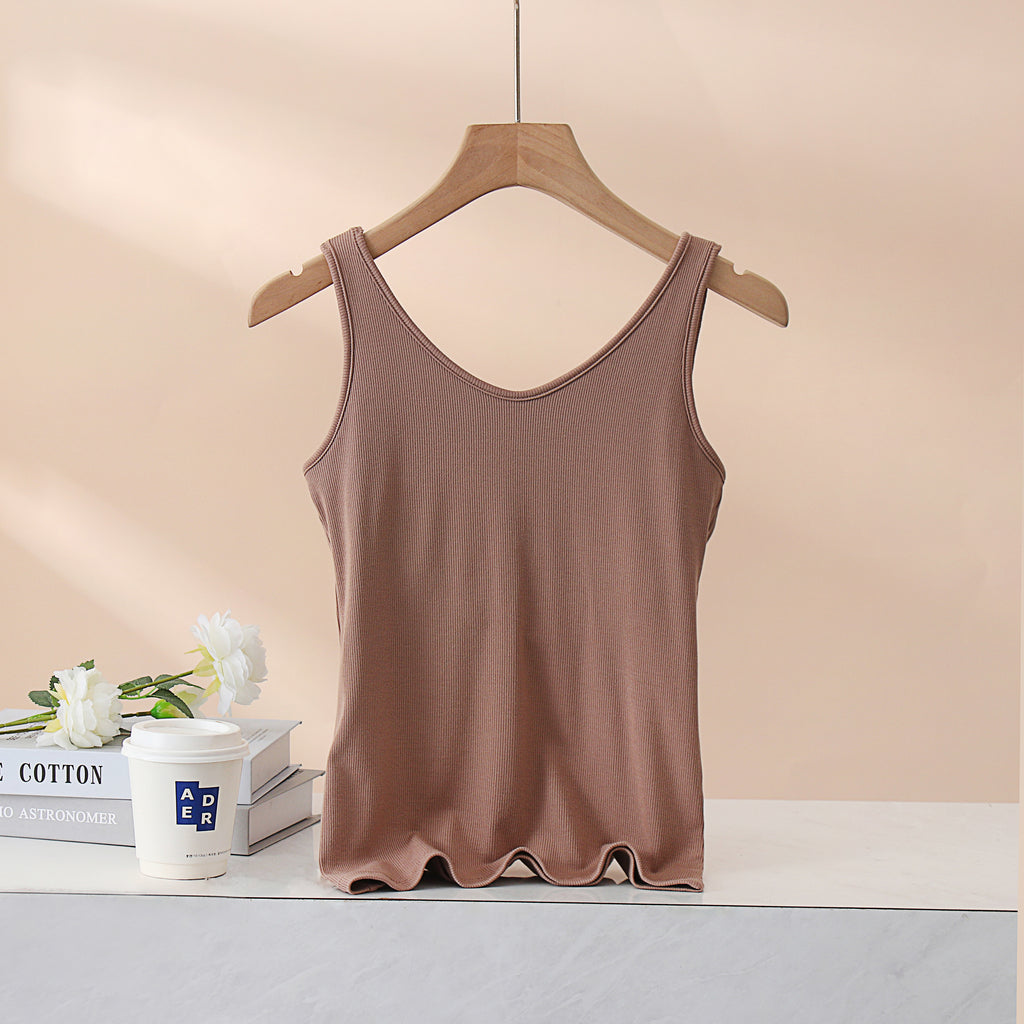 Square Neck Ribbed Tank With Built In Bra - Khaki - 1