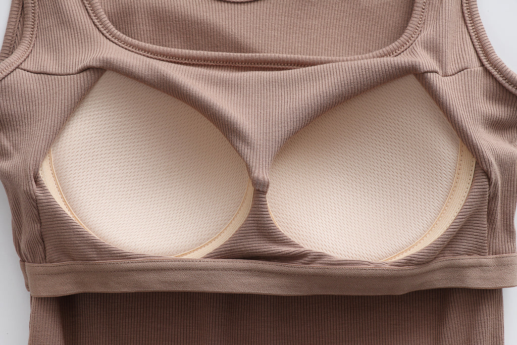 Square Neck Ribbed Tank With Built In Bra - Khaki - 11