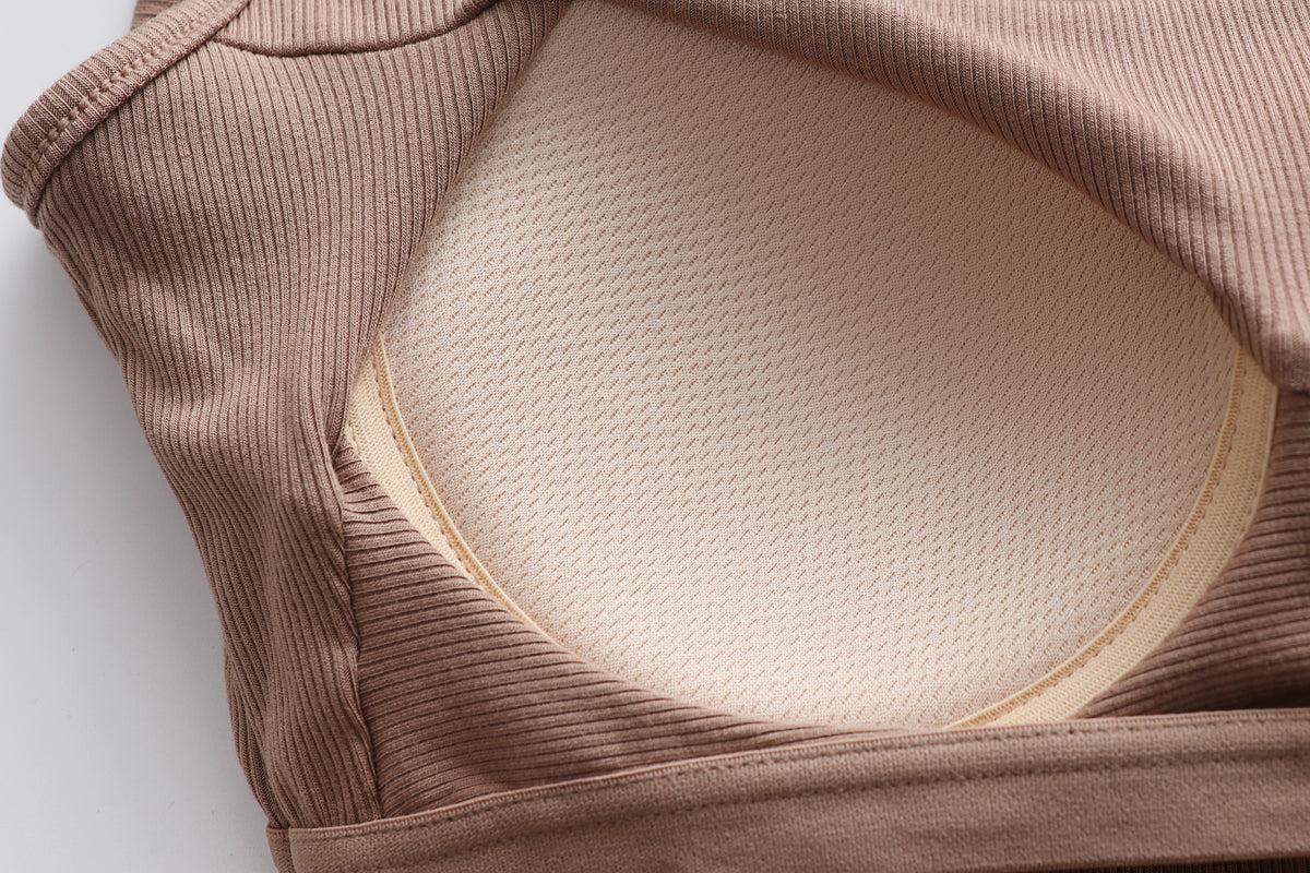Square Neck Ribbed Tank With Built In Bra - Khaki - 12