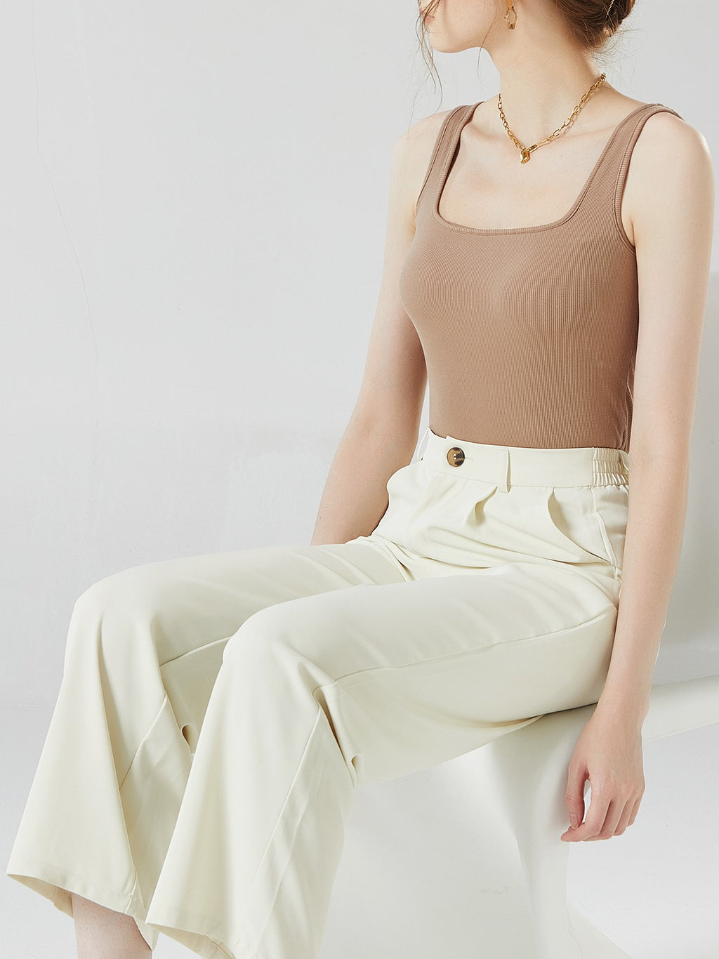 Square Neck Ribbed Tank With Built In Bra - Khaki - 16