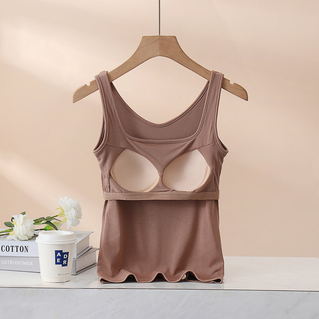 Square Neck Ribbed Tank With Built In Bra - Khaki - 2
