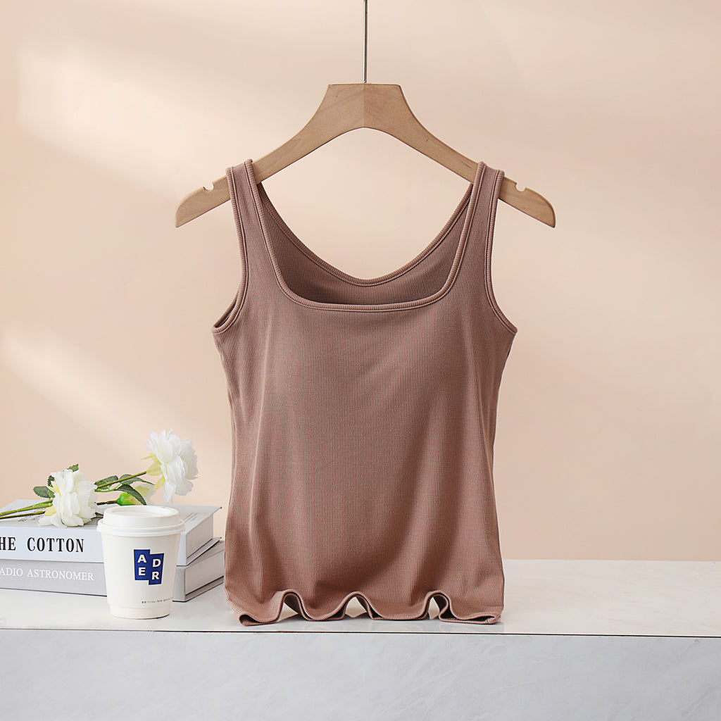 Square Neck Ribbed Tank With Built In Bra - Khaki - 3