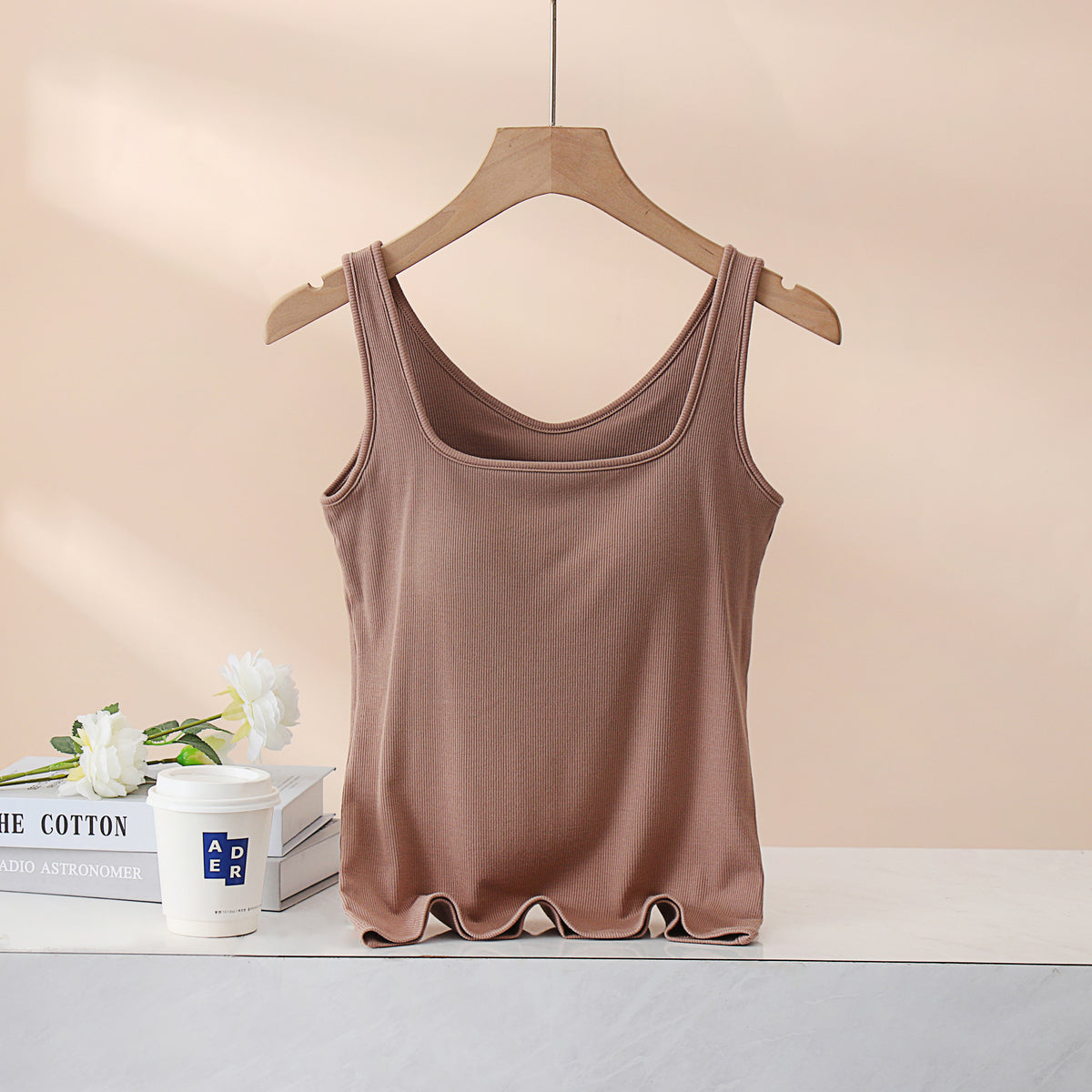 Square Neck Ribbed Tank With Built In Bra - Khaki - 3