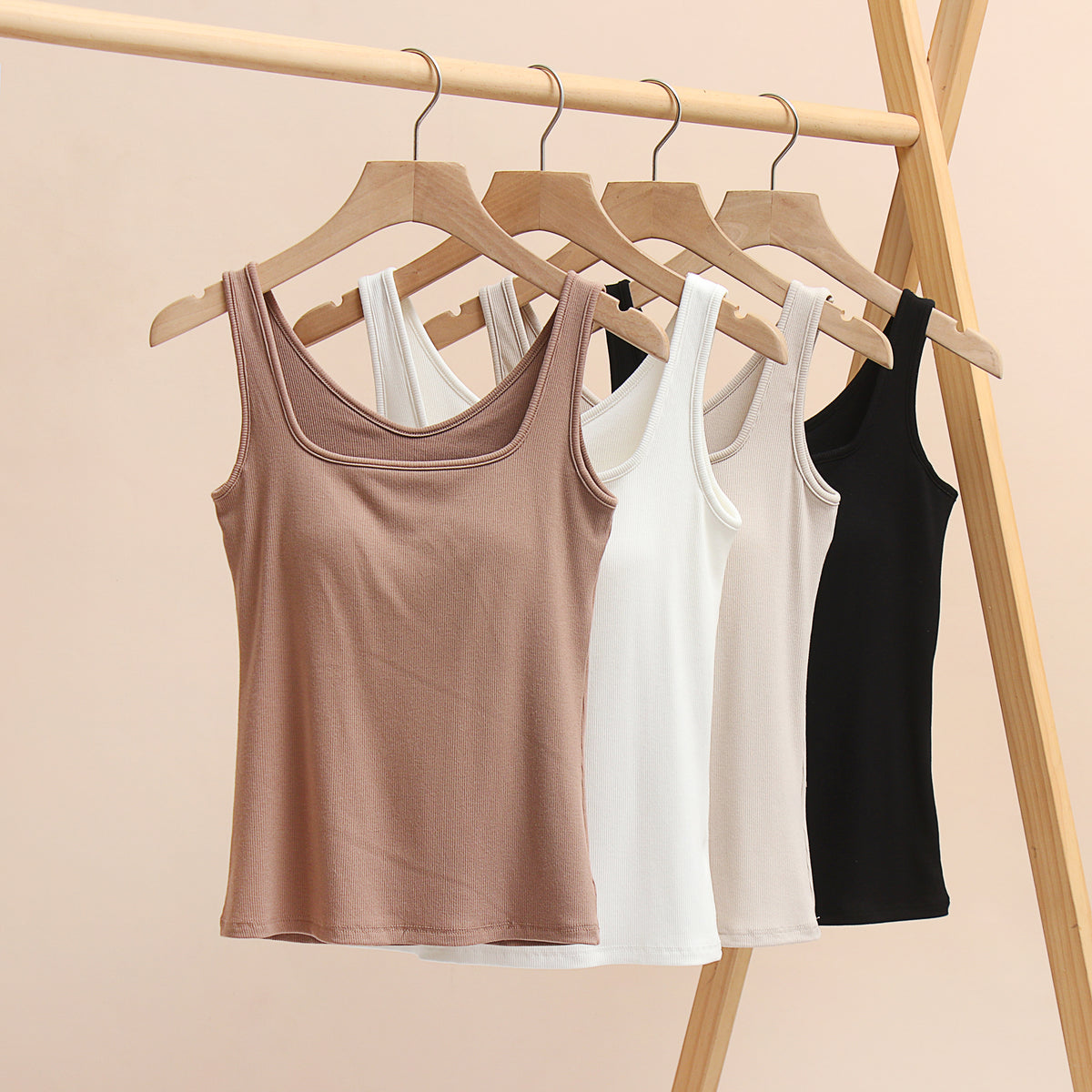 Square Neck Ribbed Tank With Built In Bra - Khaki - 4