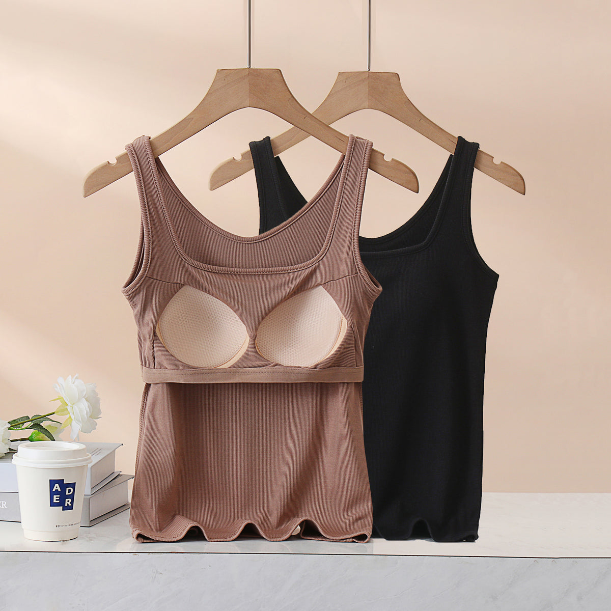 Square Neck Ribbed Tank With Built In Bra - Khaki - 5