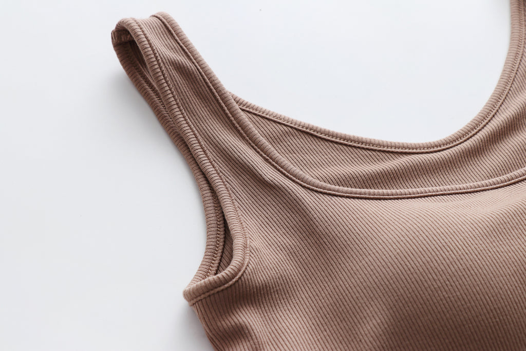 Square Neck Ribbed Tank With Built In Bra - Khaki - 8