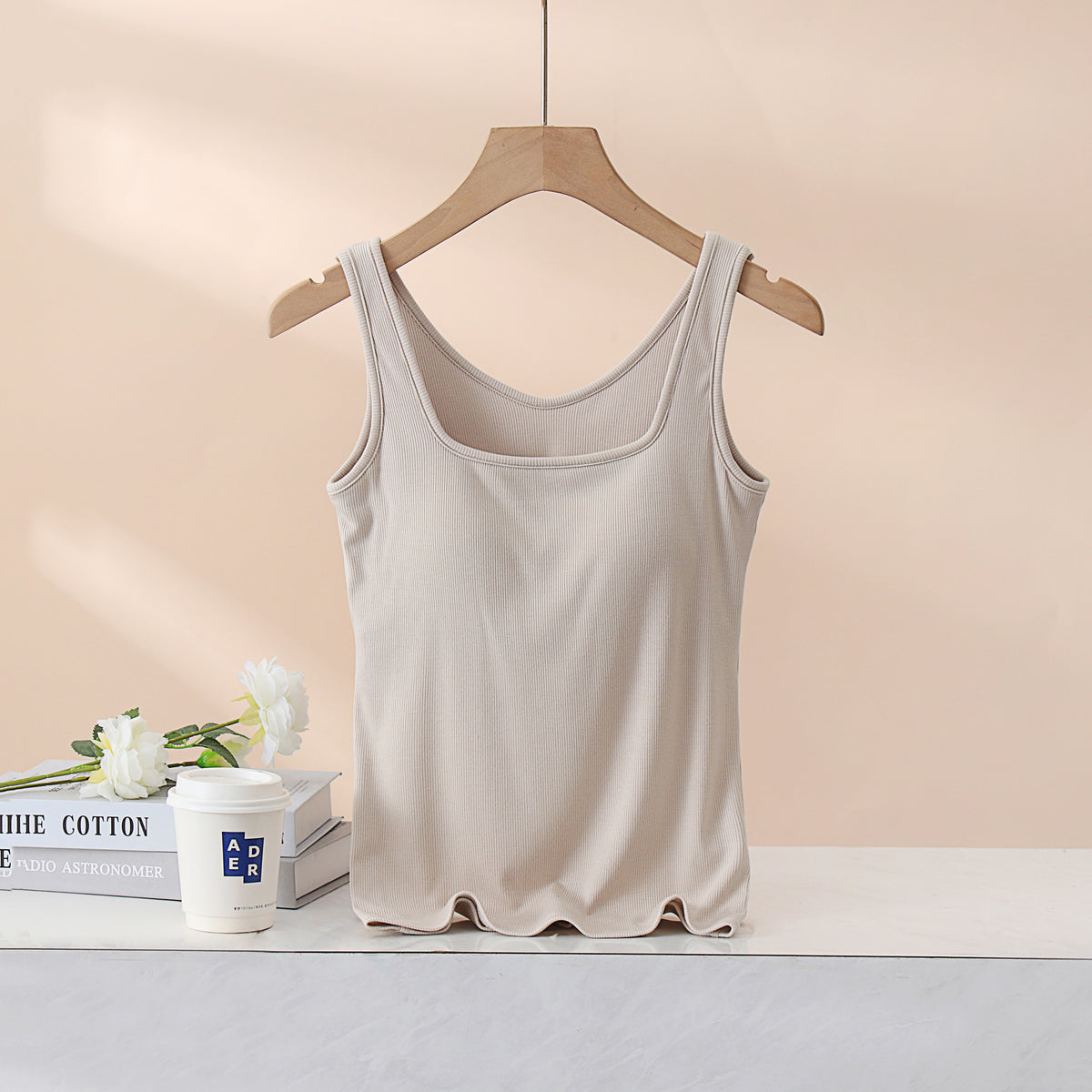 Square Neck Ribbed Tank With Built In Bra - Tan