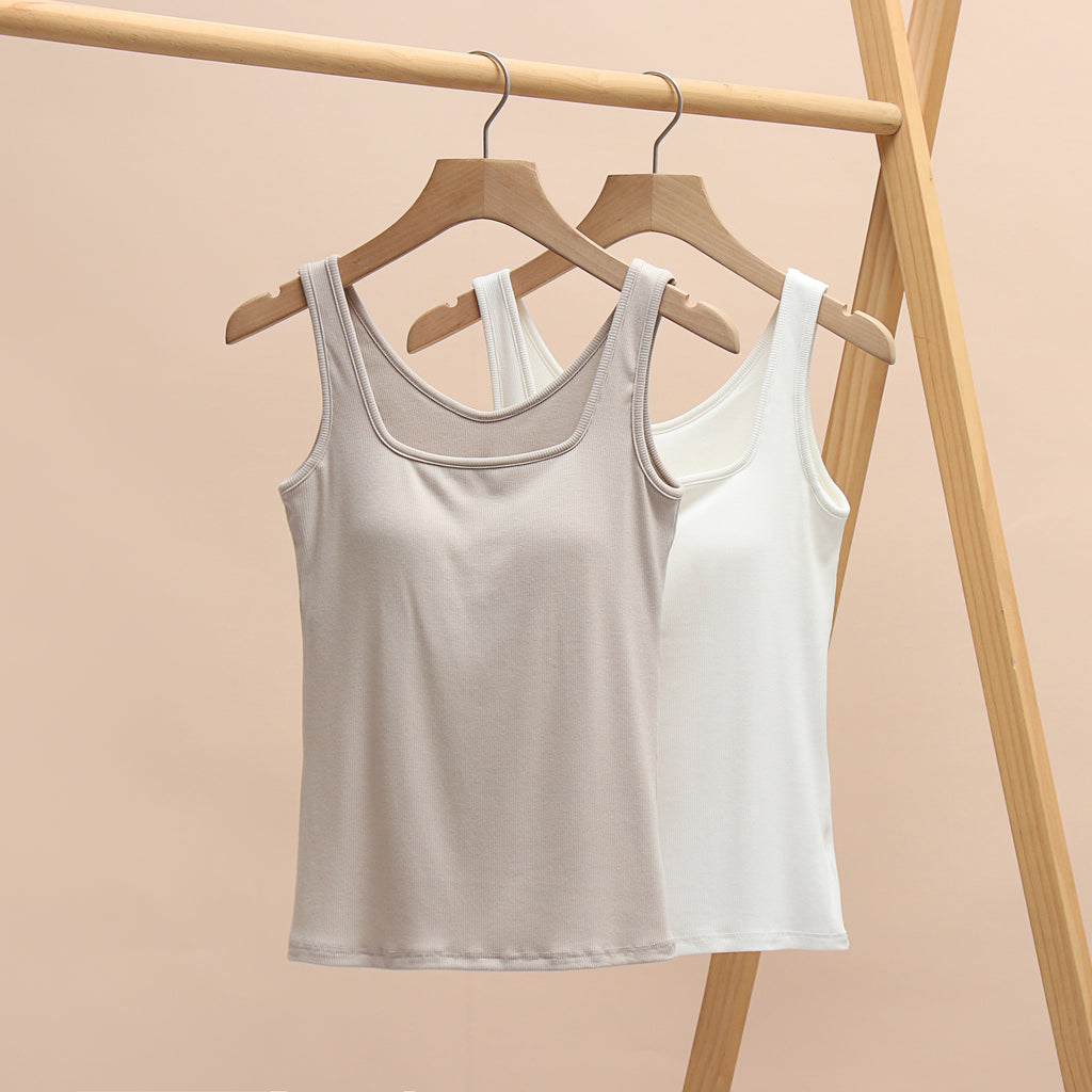 Square Neck Ribbed Tank With Built In Bra - Tan - 1
