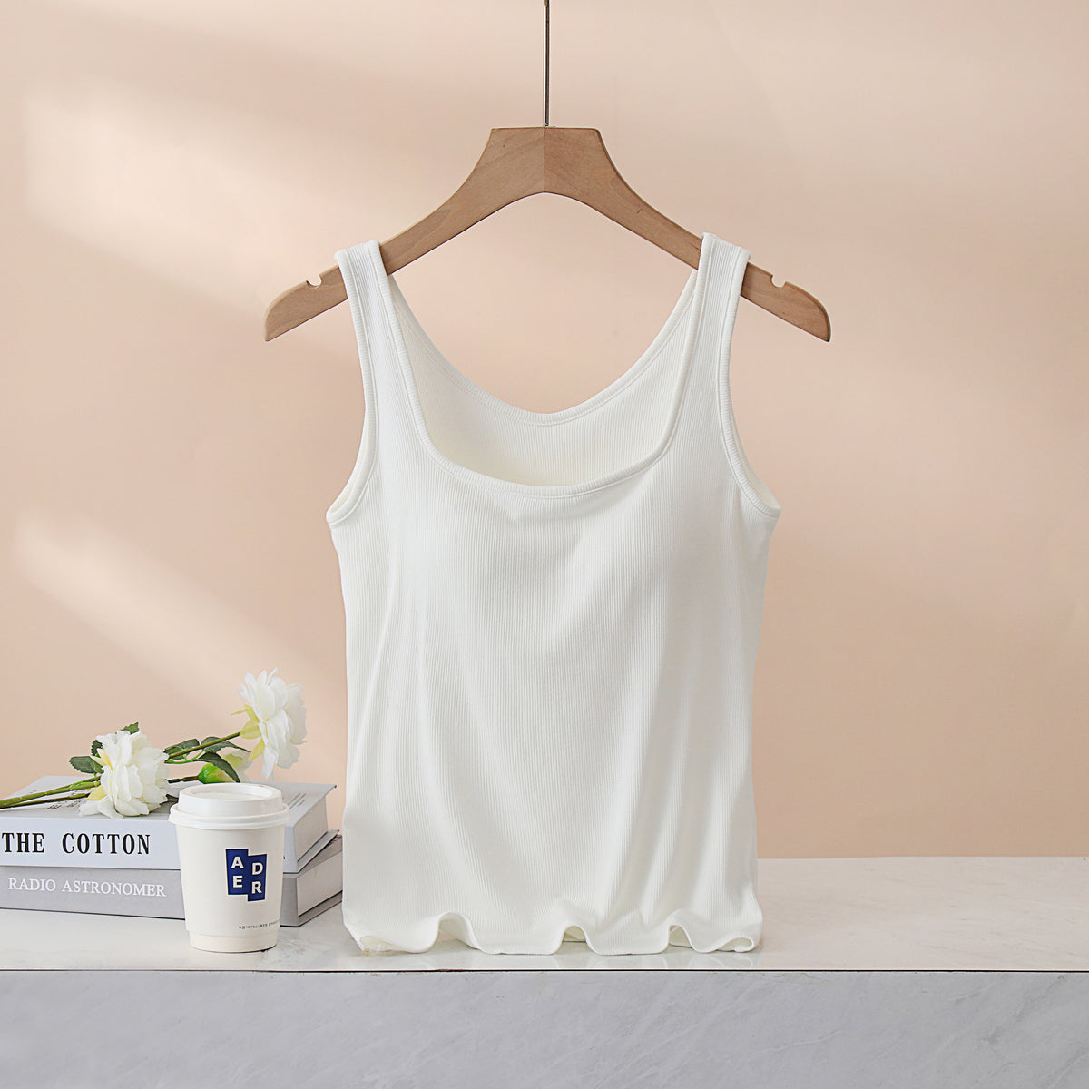 Square Neck Ribbed Tank With Built In Bra - White