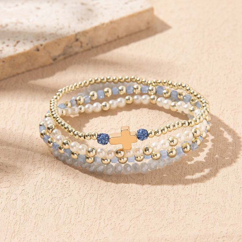 Stacked Crystal Bead Bracelet with Cross - Blue