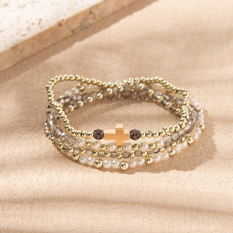 Stacked Crystal Bead Bracelet with Cross - Gray