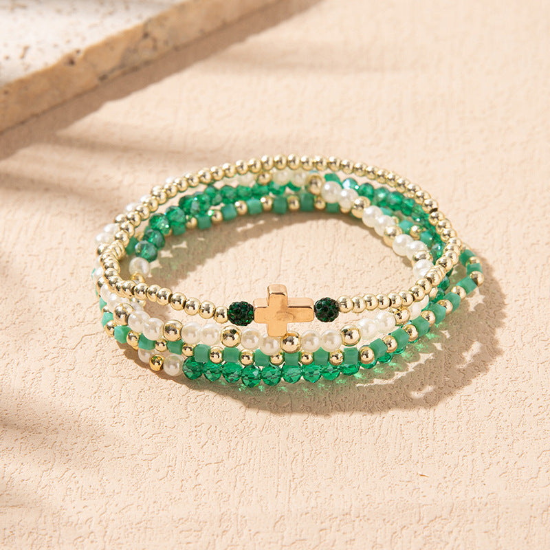 Stacked Crystal Bead Bracelet with Cross - Green