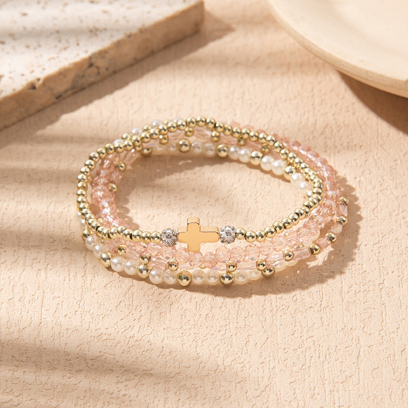 Stacked Crystal Bead Bracelet with Cross - Pink