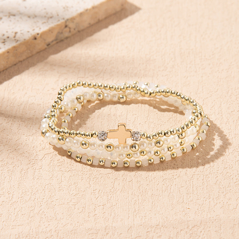 Stacked Crystal Bead Bracelet with Cross - White