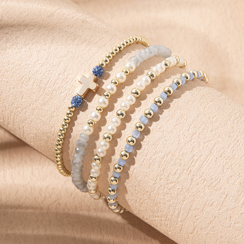 Stacked Crystal Bead Bracelet with Cross