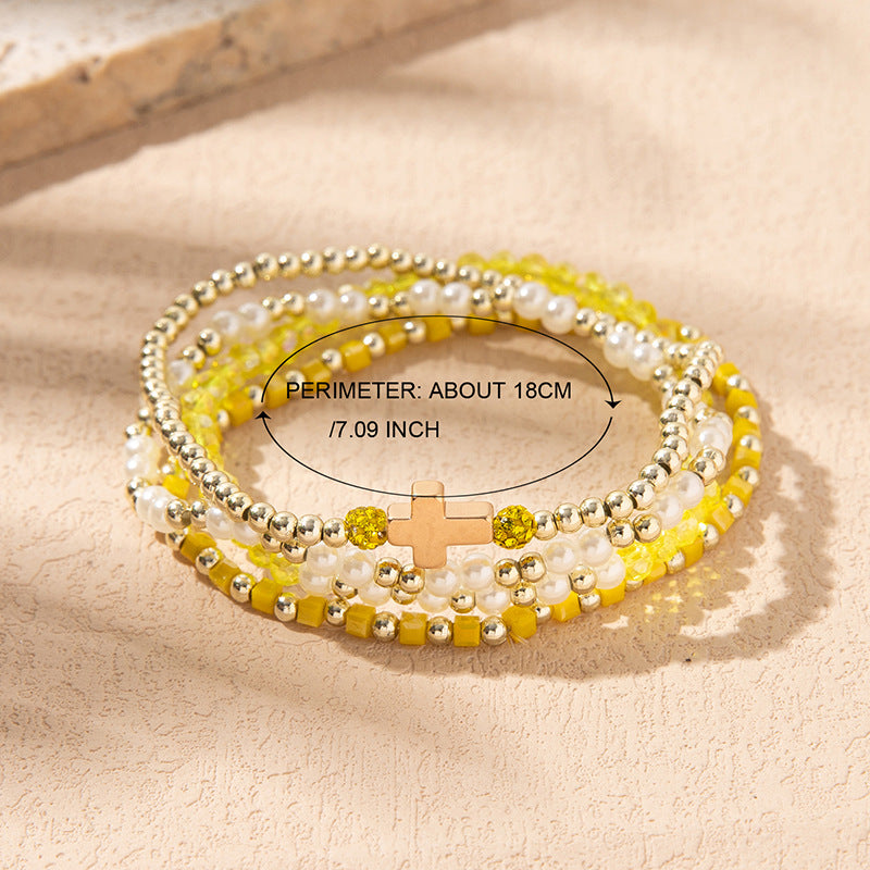 Stacked Crystal Bead Bracelet with Cross - view 1
