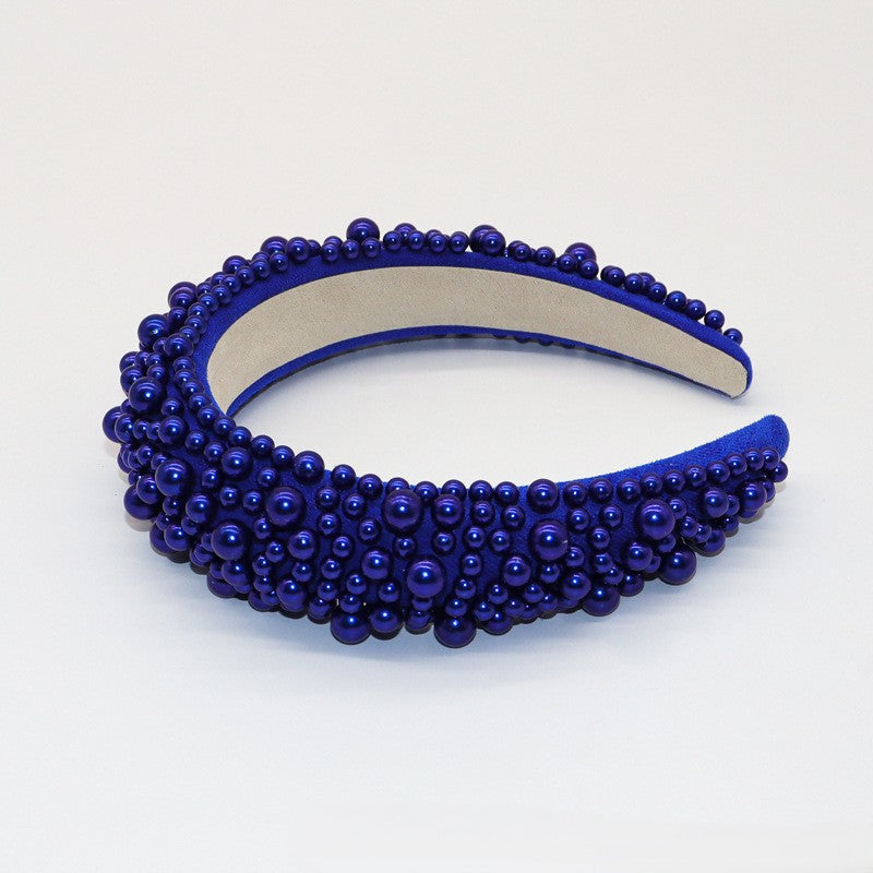 Beaded Pearl Padded Wide Headband - Blue