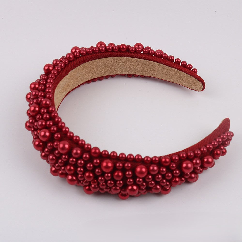 Beaded Pearl Padded Wide Headband - DeepRed