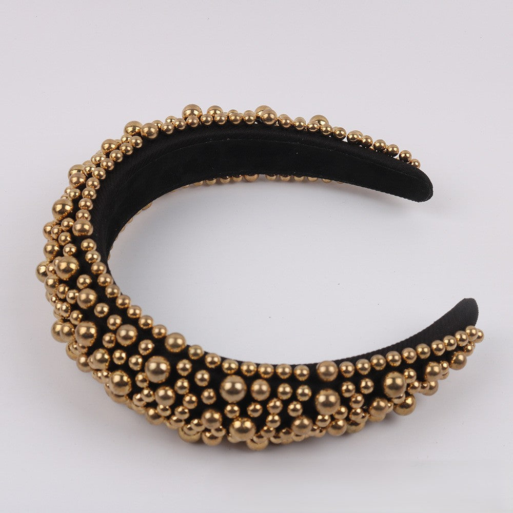 Beaded Pearl Padded Wide Headband - Gold