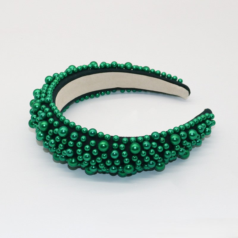 Beaded Pearl Padded Wide Headband - Green