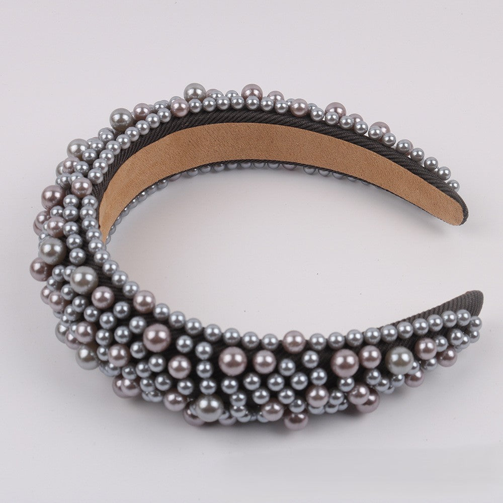 Beaded Pearl Padded Wide Headband - Grey