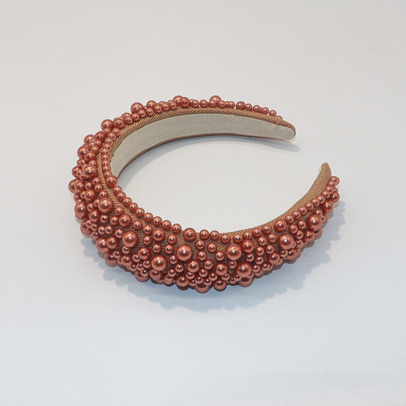 Beaded Pearl Padded Wide Headband - Khaki