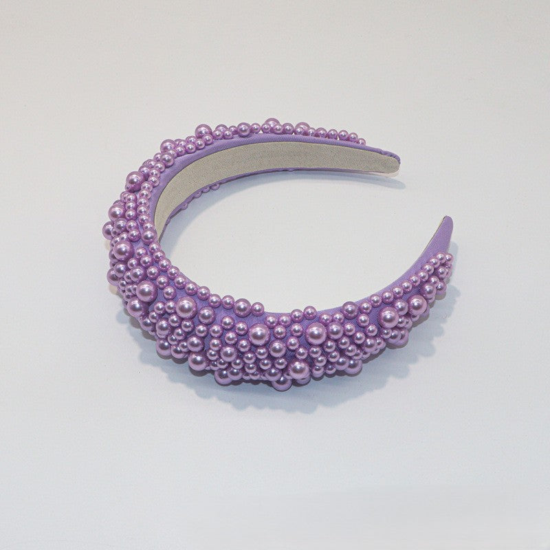Beaded Pearl Padded Wide Headband - LightPurple