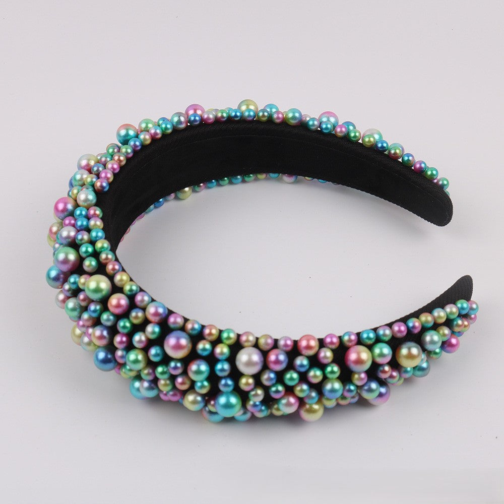 Beaded Pearl Padded Wide Headband - Multicolor